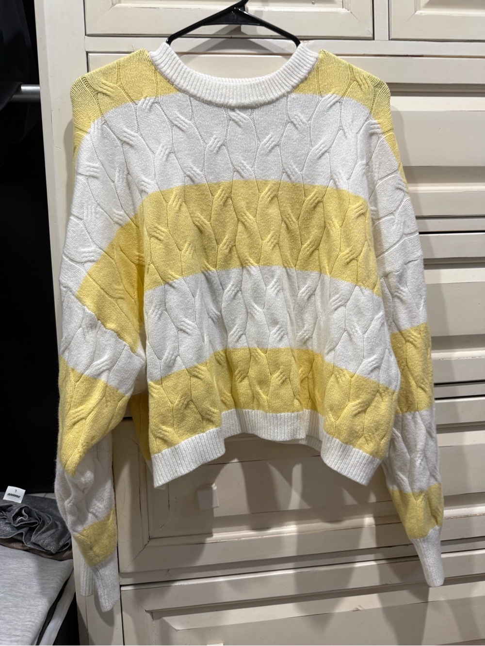 No Boundaries Yellow & White Striped Cable-Knit Crew Sweater